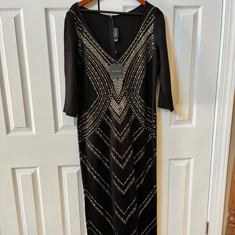 St. John Couture Dress. 3/4 sleeves. Evening gown, slit up the back.